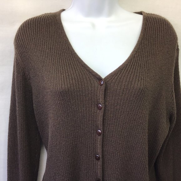 Express Women's Sweater Brown Ribbed Button Up V Neck Knit Long Sleeve Size L - Picture 2 of 6